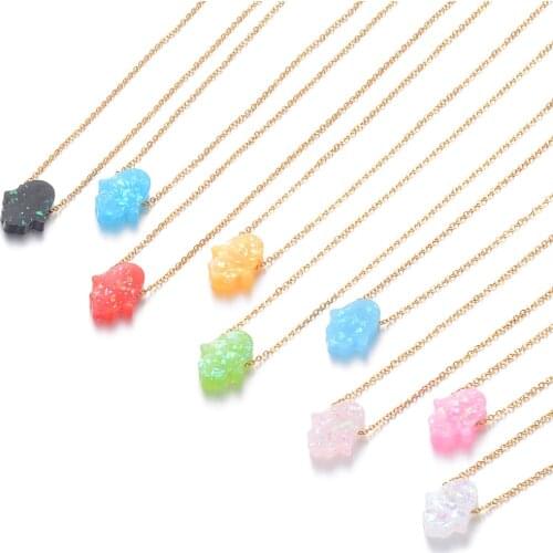 Multiple Colors Hamsa Opal Stone Pendant Necklace Fatima Hand 100% Stainless Steel Golden Chain Choker Gifts Femme