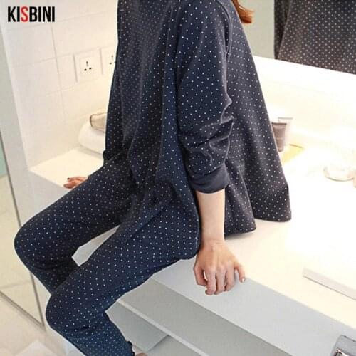 KISBINI 2PCS Women Pajamas Sets Autumn Spring 100% Cotton Sleepwear Navy Dot Print Round Neck Long Sleeve Pyjamas Home Suit