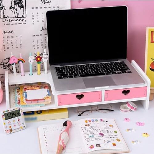 2/3 Drawer Desktop Computer Monitor Increase Rack Office Desktop Storage Rack Shelf Wood Monitor Riser Desktop Shelf with Holder