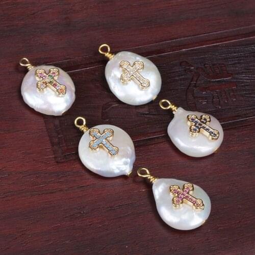 White blue fuchsia mint cz tiny religious cross charms freshwater pearl pendant bead charm for choker earring jewelry making