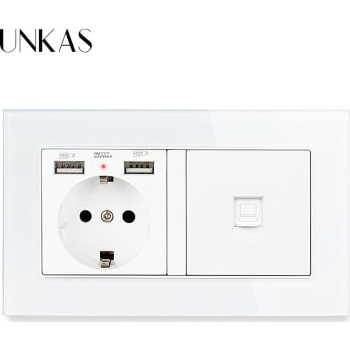 UNKAS Luxury Glass Panel 2 Gang 146mm * 86mm Wall Power EU Standard + Dual USB Charge Port With Female RJ45 Computer Jack Outlet