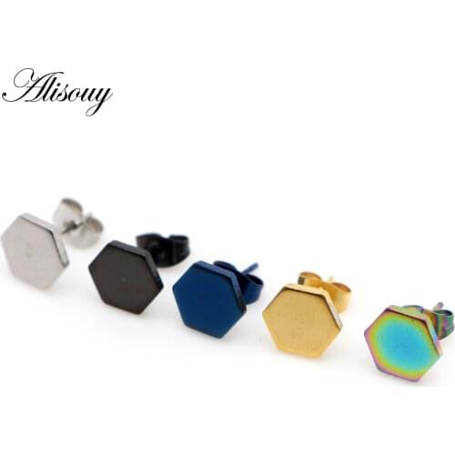 Alisouy 1 pair Hip Hop hexagon Stainless Steel Stud Earrings Simple style Gothic Stud earrings for men women Ear Jewelry