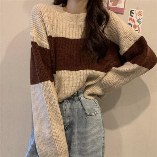 Sweater Women Autumn Winter Loose Outwear Retro Striped Long Sleeve Sweater Women Short Top Jersey Corto Mujer