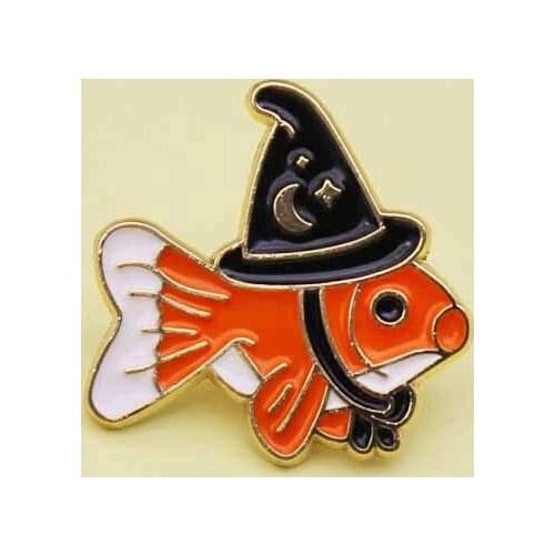 Magic Fish Creative Enamel Brooch Orange fish in a magic hat Lapel Pin Denim backpack jackets funny Badge Friend gifts