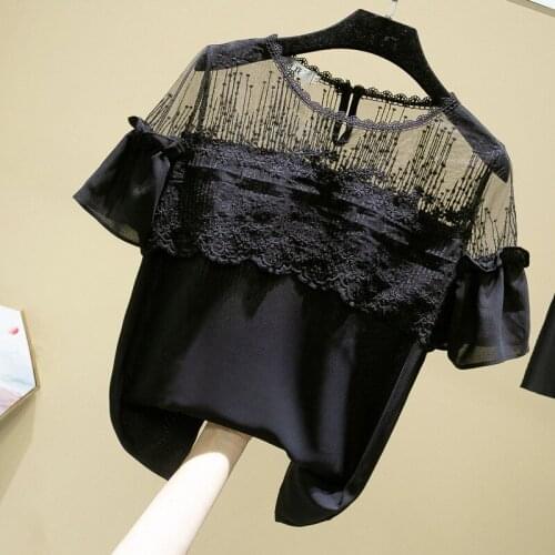 Net yarn short-sleeved chiffon shirt womens 2020 summer new design sense niche lace western style blouse