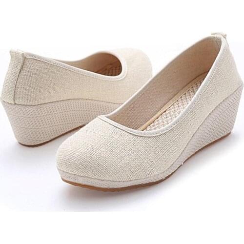 YourSeason Handmade Ladies Plain Cotton Linen Wedge Shoes Espadrilles Retro Solid Color Women High Heel Slip-On Platforms Pumps