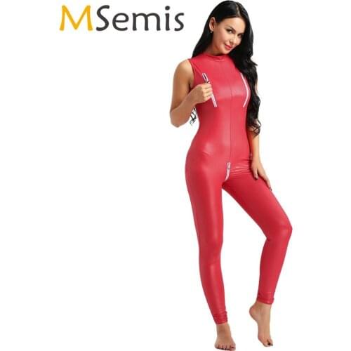 Women Wetlook Leotard Leather Jumpsuit Sleeveless Sexy Zipper Bust and Crotch Bodystocking Bodysuit Clubwear Dance Latex Catsuit