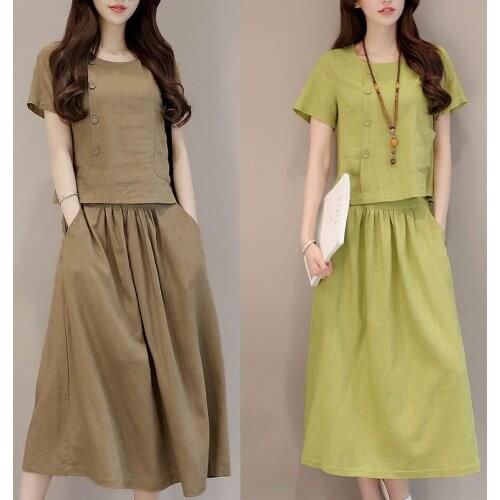 Summer 2020 Women Breasted Green Two Piece Set Elegant Short Sleeve O Neck Chic Tops and Cotton Skirt Female 2 Piece Set WF222