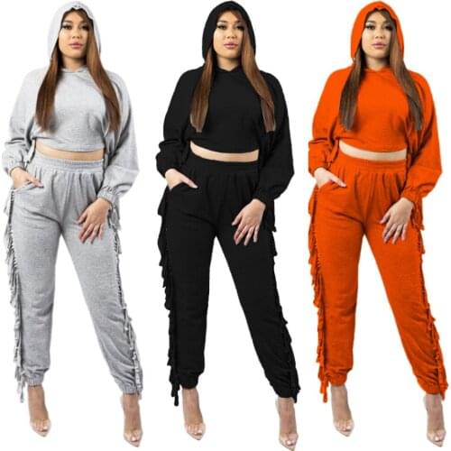Ladies Long Sleeve Sweater Suit African Ladies Hooded Top + Casual Pants Two-Piece Set Autumn New Fringed Loose Slim Sports Suit