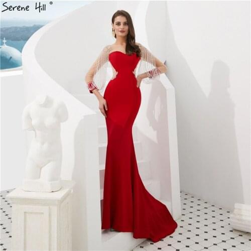 Sexy See Through Long Sleeve Mermaid Evening Dresses Red Tassels Illusion Back Formal Dress Prom Vestido De Festa BLA6618