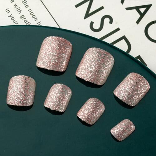 24pcs/OPP Artificial Nails Glitter UV Powder Design Short Square Silver Flash Toe Nail Sticker Finished Fake Toe Nails
