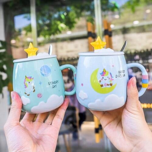 450ml Creative unicorn Ceramic Mug With Lid and Spoon Cartoon Milk Coffee Tea Cup Porcelain Mugs Nice Gifts Drop shipping