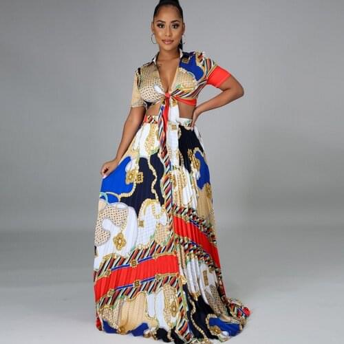 2 Pieces Dashiki African Fashion Women Set 2021 Female Floral Print Short Sleeve Shirt Tops And Pleated Long Skirt Suit Africa