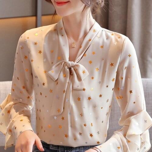 Blouse Women Blusas Mujer De Moda 2021 Long Sleeve Women Blouses Shirts Tops Ruffles Bow V-neck Chiffon Blouse Shirt Blusa D447