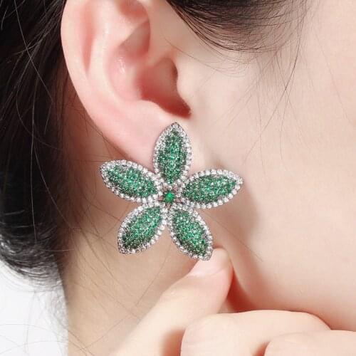 CWWZircons Chic Micro Pave Cubic Zirconia Dark Blue Big Flower Leaf Earrings Luxury Fashion Women Party Wedding Jewelry CZ662