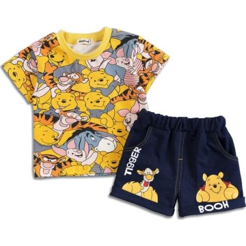 2019 Summer Childrens Jeans Short Sleeve Set Cartoon Printed Baby Boys and Girls Two Tides