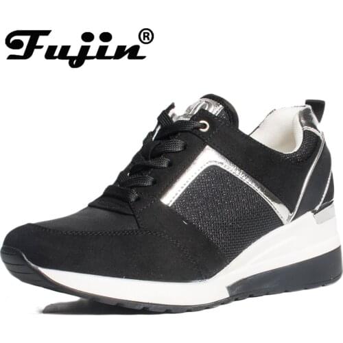 Fujin 2021 Flat Shoes Women Spring Autumn Fashion Round Toe Wedge Low Heels Thick Bottom Breathable Bling Leisure Women Shoes