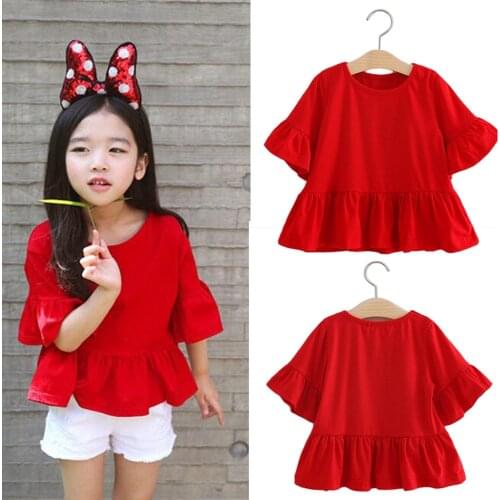 Fashion kids Children Clothing Tops Girls Korean Summer Spring Red Trumpet Sleeves Shirt T-shirt