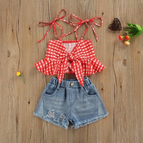 Toddler Girls 2Pcs Summer Outfits, Sleeveless Plaid Print Ruffle Tops + Ripped Denim Shorts Set 2021 New Fashion