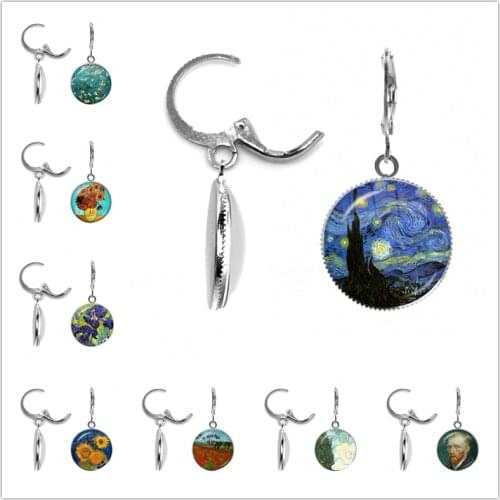 Hot Sell Van Gogh Painting Ear Studs Starry Night Ear Studs Van Gogh Sunflower Round Jewelry Glass Dome Earrings Dropship