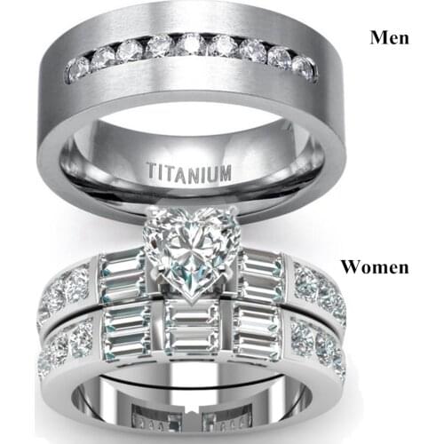 Fashion Stainless Steel Women Men Ring Lovers Heart Crystal Rhinestones Rings Set Wedding Engagement Band Ring Good Quality