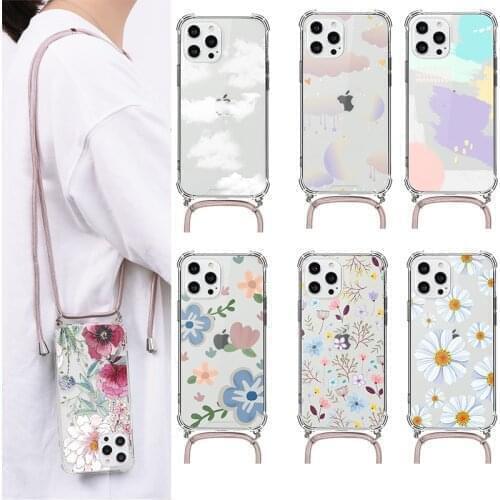 Fashion Crossbody Strap Lanyard Cases For iPhone 11 mini 12 Pro Max XS Max SE 2020 XR X 7 8 6 6S Plus Flower Necklace Back Cover
