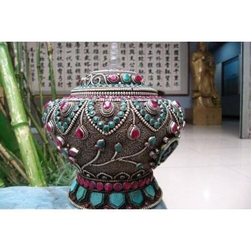 Nepal Buddhism superb Silver Handwork inlay carbuncle beryl jewel Crock Vase Pot