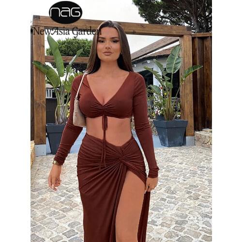 NewAsia 2 Piece Skirt Set Cut out Drawstring Tie up Long Sleeve Ruched Crop Top Split Long Skirt Set for Women Summer Two Piece