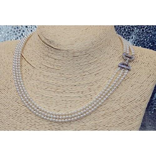 3 rows 7-8mm freshwater round white pearl necklace 18"19"