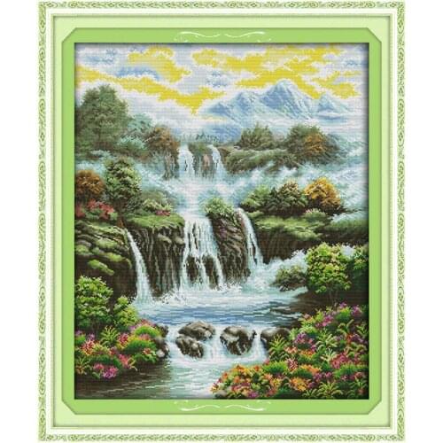 Landscape Waterfall DIY Needlework Crafts 11CT 14CT Cenery Printed Patterns Cross Stitch Kits Counted on Canvas Embroidery Sets