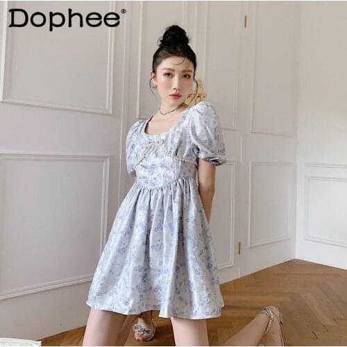 Silver Floral Pearl Bow Girl Dress High Waist Elegant A-line Short Dress Printed Fashion U-collar Dress 2021 Summer New Dress