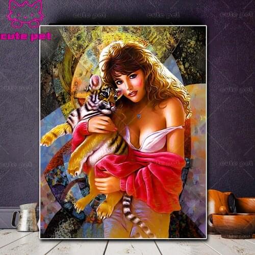 Full drill square diamond painting Woman hugging tiger diamond art pictures of rhinestone embroidery pattern cross stitch decor