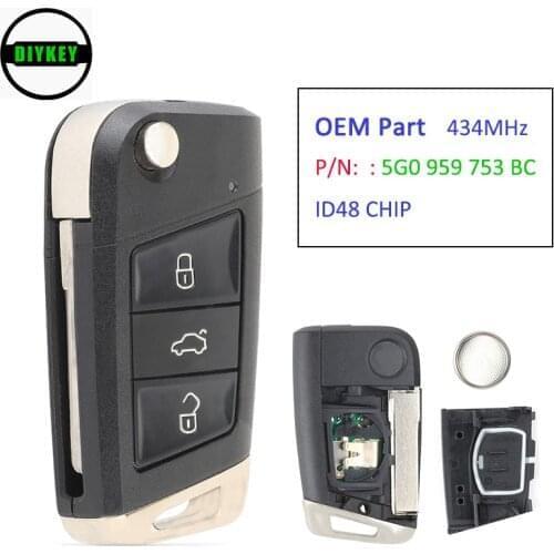 DIYKEY Keyless-Go Flip Remote Key Fob 434MHz ID48 Chip for Volkswagen MQB Golf VII MK7,Skoda Octavia A7 2017 P/N: 5G0959753BC