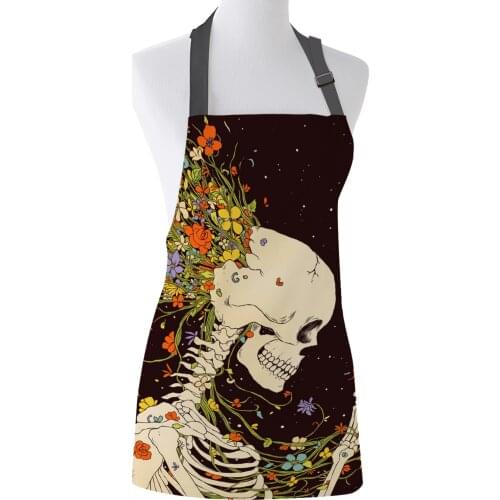 Skull Flowers Cartoon Adjustable Apron Cooking Kitchen Restaurant Bar Chef Bib Unisex Canvas Aprons for Women Men Kids