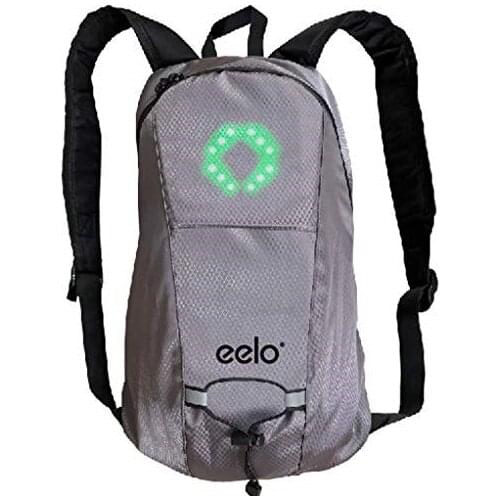 Backpack Safety eelo Cyglo for cycling with turn signal LED rear lights. Reflective backpack with direction lights flashing. Winner Queens Award