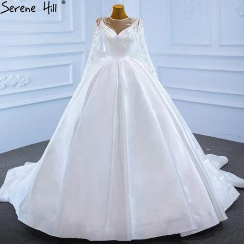 Serene Hill Muslim White Satin Wedding Dresses 2021 Beading High-end Bow Lace Up Bridal Dress HM67233