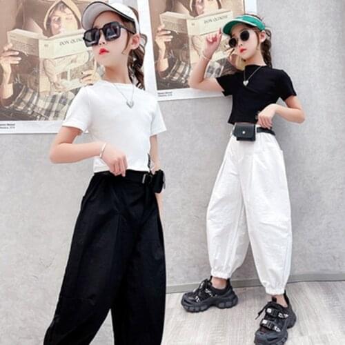 Tracksuit for Children 2021 Korea Summer Little Girl Solid Color T-shirt + Pants Two-piece Suit Boutique 13 14 Year Clothes Suit