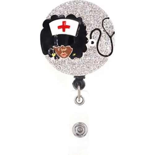 10 pcs/lot Hot Sale Black Nurse Rhinestone Retractable ID Badge Reel With Alligator Clip