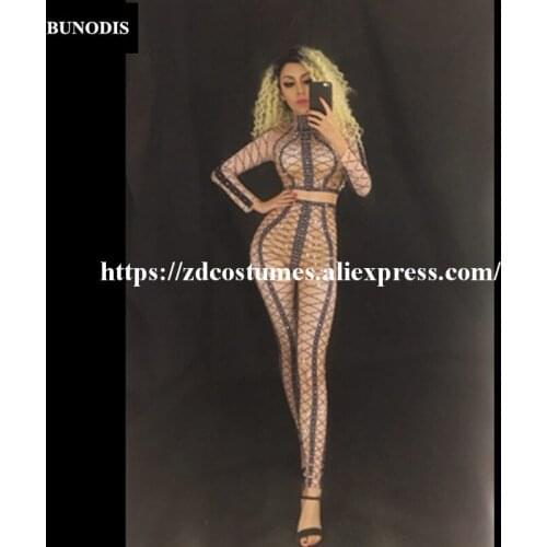 ZD147 Black Grid Sparkling Crystals Women Sexy Jumpsuit Celebrate Stage Wear Costume Nightclub Birthday Party Bodysuit