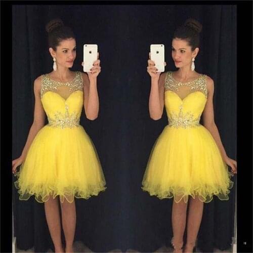 Yellow Homecoming Dresses A-line Knee Length Organza Beaded Crystals Ruffles Elegant Cocktail Dresses