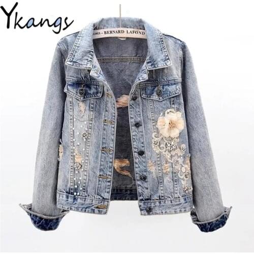 Pearl Rhinestone Stitching Ripped Hole 3D Flower Embroidery Jean Jackets Patchwork Button Denim Coat Korean Gothic Outwear Top