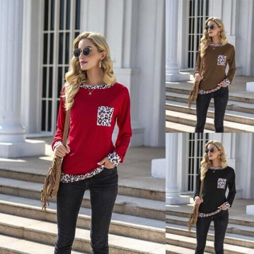 Summer Women T-Shirts Full Sleeve Round Neck Leopard Color Patchwork Pockets Casual Autumn Female Blouse Winter Tops Tees C2969
