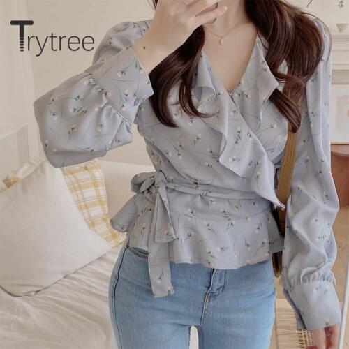 Trytree 2020 Spring Autumn Blouse Women Casual V-neck Ruffles Print Belt Fashion Elegant All-Purpose Style 2 Color Blouse Tops