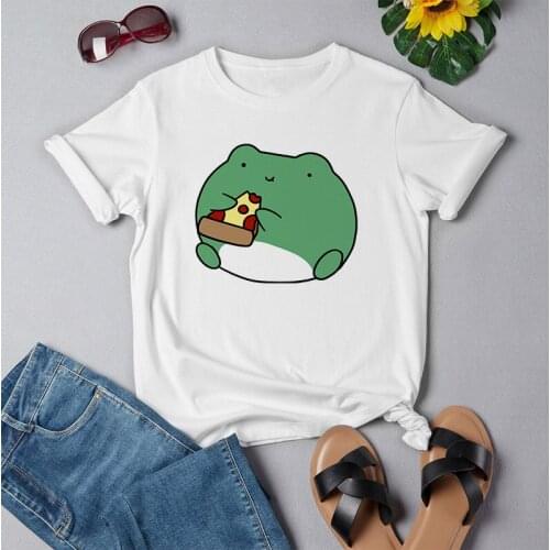 Frog Dinosaur Eat Pizza Cute Graphic Tee Women Tshirt Green Aesthetic Oversized T Shirt Harajuku Casual Summer Tops