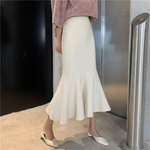 Womens Autumn Winter Knitted Long Skirt 2019 New High Waist Knitted Mermaid Skirt Solid Hip Skirt Ruffled Knit Long Skirt ML276