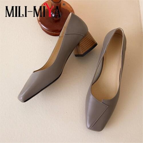 MILI-MIYA Concise Design Women Cow Leather Pumps Fashion Square Toe Solid Color Square Heels Slip-On Office&Career Shoes