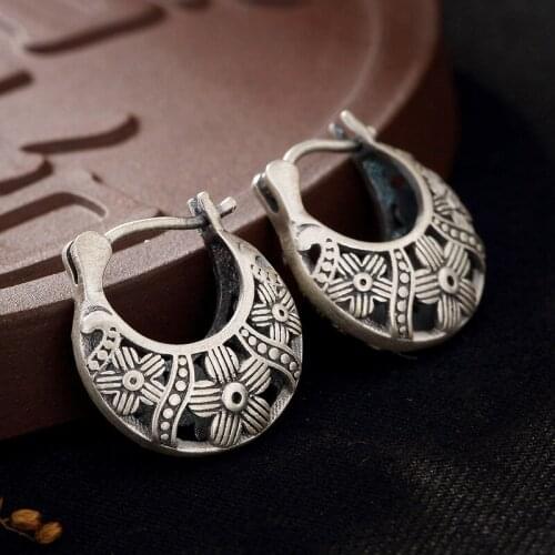 L&P Ethnic Style Flower Pure 925 Sterling Silver Earrings For Women ,Handmade Top Quality Earrings Vintage Jewelry For Party