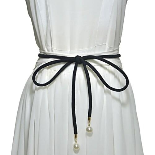 Women Belt 2020 Thin Belts For Women Fashion Pearl Waistband Decorative Skirt Strap Bow Waist All-match Suede Female Fabric