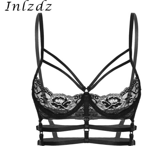 Womens Erotic Lingerie See-Through Bra Adjustable Spaghetti Strap Strappy Lace Unlined Underwired Bikini Top Sexy Clothing