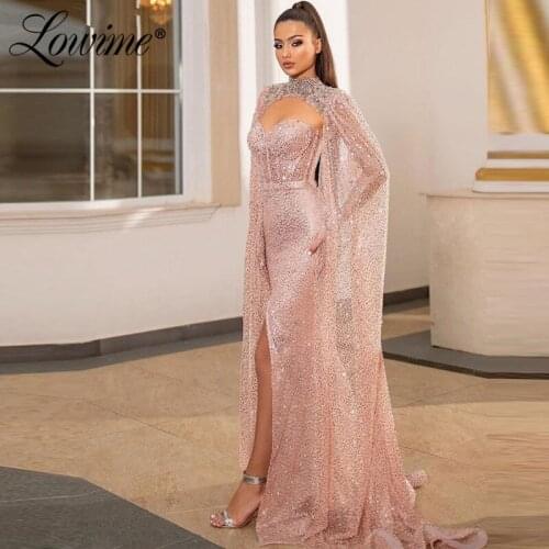 Dubai Crystal Beading Pink Evening Dresses 2020 Arabic Party Dress For Weddings Robes De Soiree Mermaid With Jacket Prom Dresses